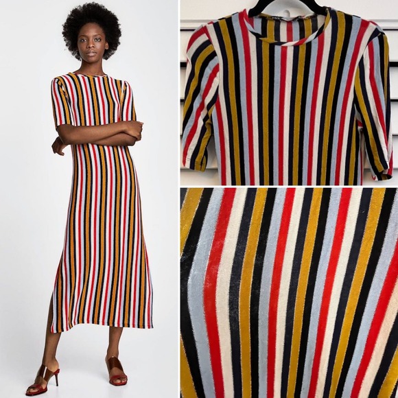 Zara Modern Funky Sexy Stretchy Stripe‎ Midi Dress Medium - Picture 1 of 7